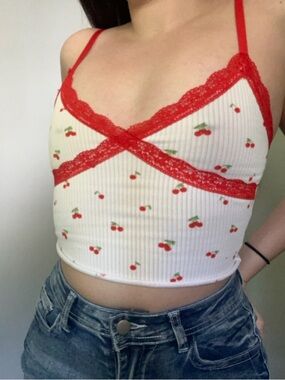 Red Trim Cherry Print Ribbed Crop Tank Top